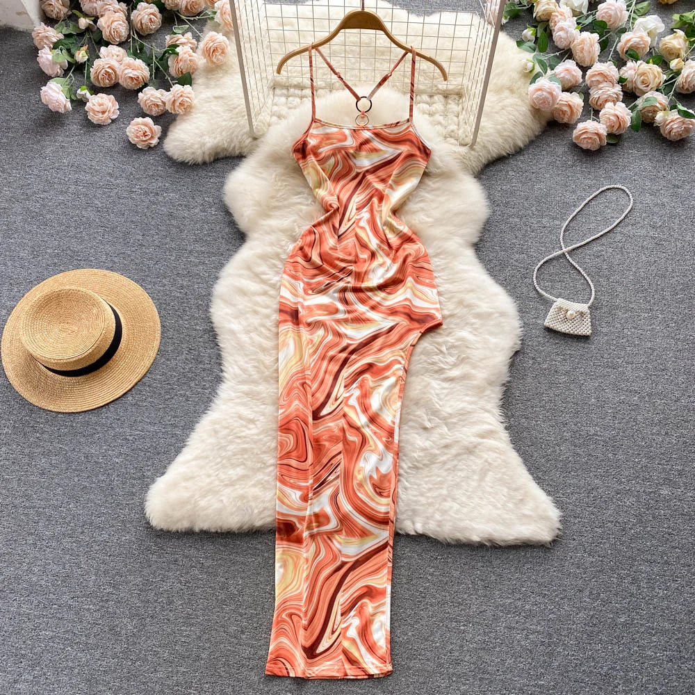 

Tie Dye Print Fashion Sexy Backless Lace Up Midi Dresses Sleeveless Club Party Holiday Spaghetti Strap Sundress