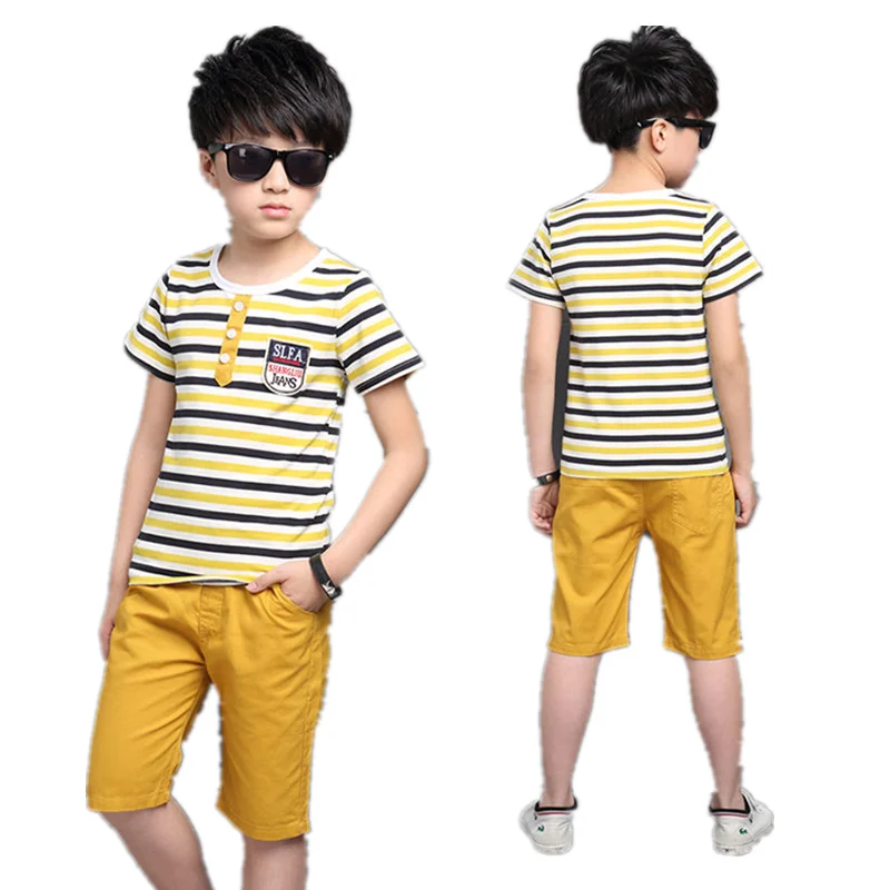

Child Short Sleeve Suit Cotton Kids Boys Summer Stripe T Shirt + Short Pants 2pcs Clothes Sets For Baby 4 6 8 10 12 Year