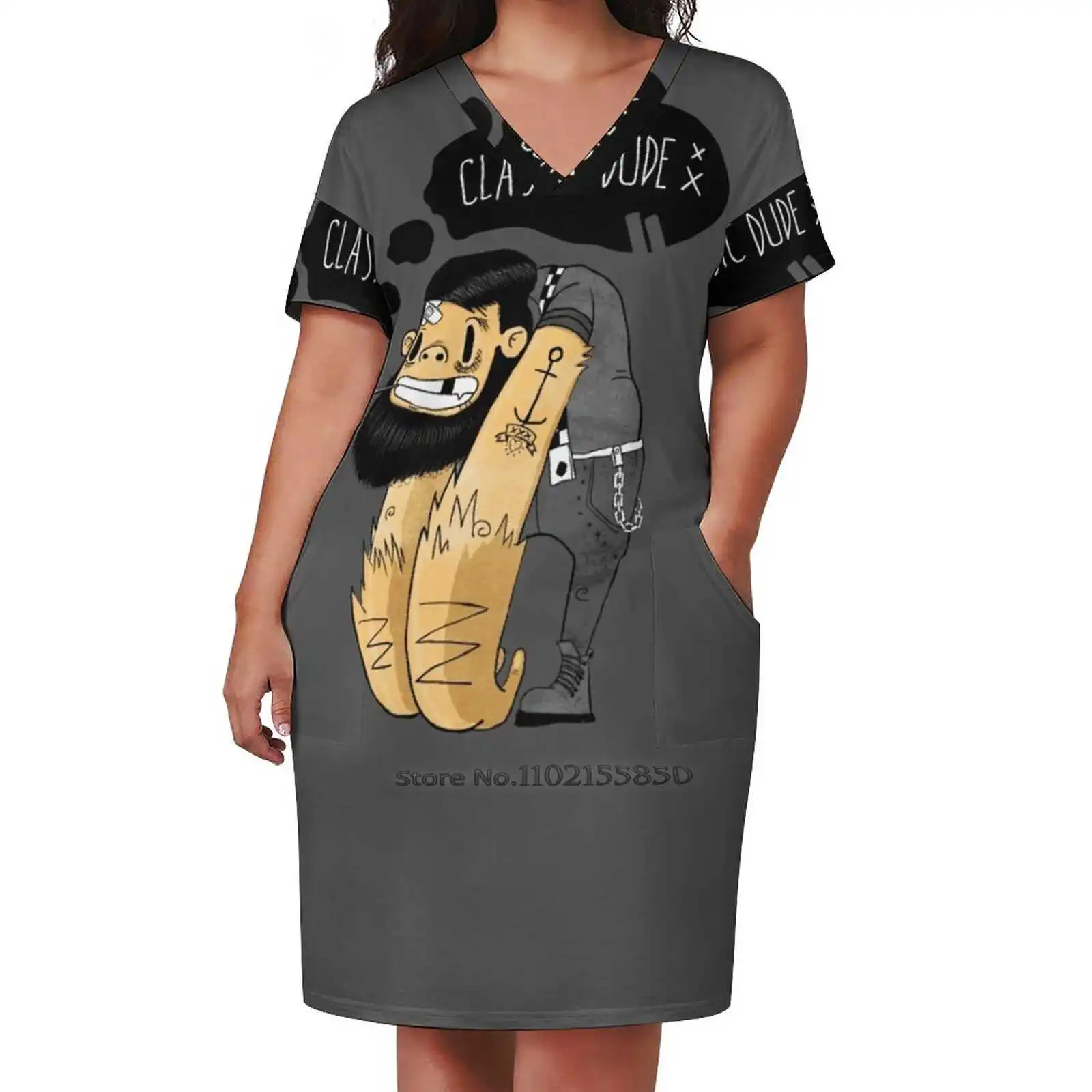 

Classic Dude Loose Pocket Dress Women'S Printed Dresses V Neck Casual Dress New Design Monkey Rudeboy Cartoon Black White
