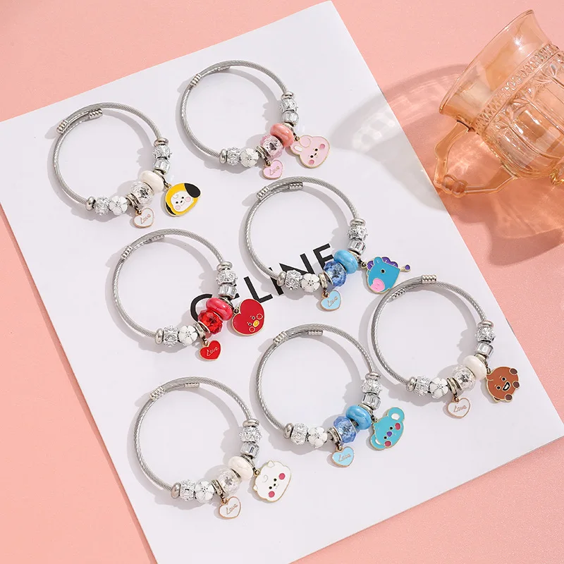 

XiaoboACC Lovely Cartoon Pendant Charm Bracelet Women Korean Fashion Stainless Steel Love Beads Bracelets Jewelry
