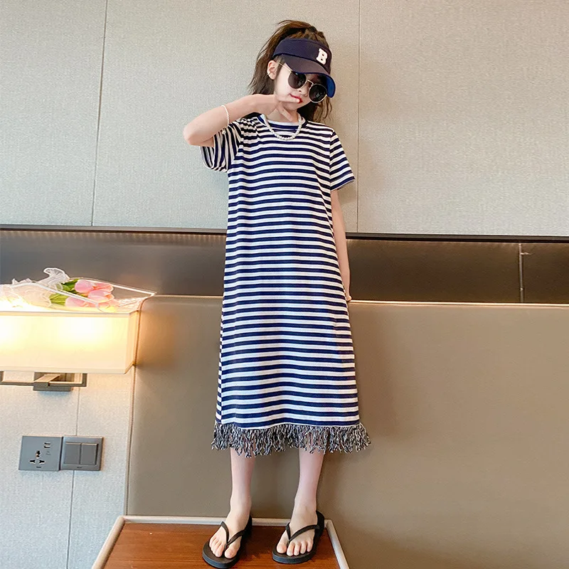 

Girls Dress Summer Dress Large Children Contrasting Striped Vest Skirt 2023 New Tassel Hem Long Dress Toddler Girl Clothes