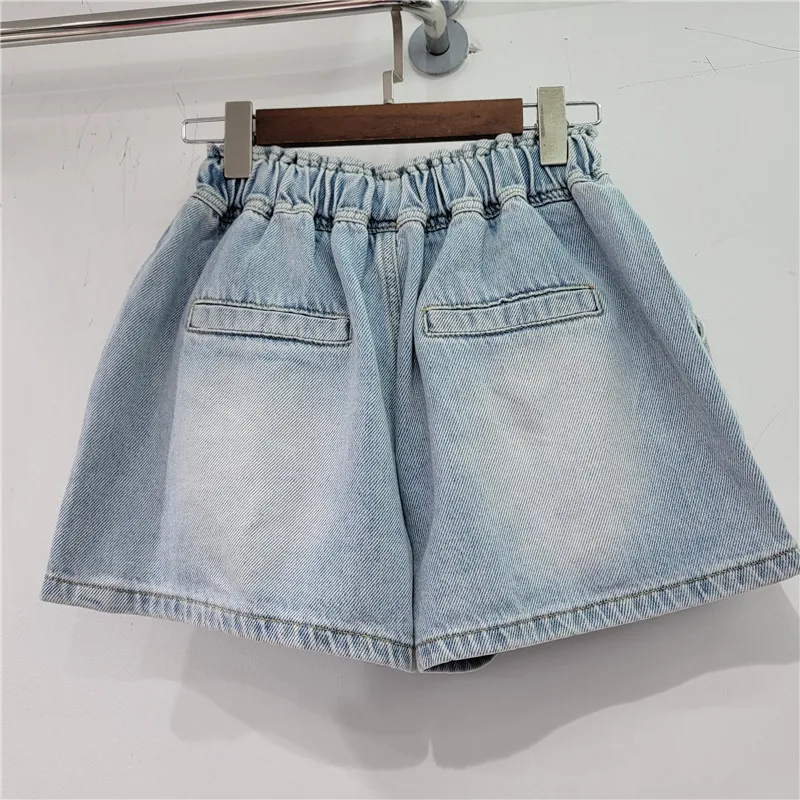 Heavy Color Diamond Denim Shorts for Women Elastic High Waist Loose Slimming Wide Leg Jeans Shorts 2023 New Summer Short Femme