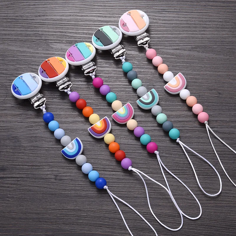 

Food Grade Silicone Rainbow Beaded Baby Pacifier Chain For Round Teether Nipple Clip Baby Nursing Chew Pacifier Accessory Gifts