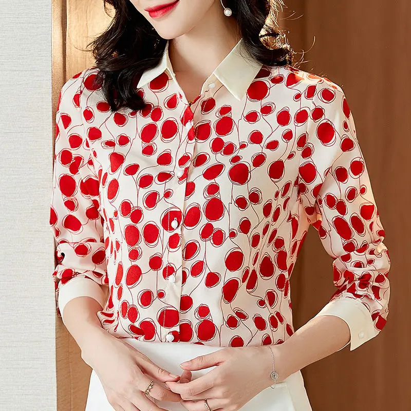 Elegant Lapel Button Loose Printed Chiffon Shirt Women Clothing 2023 Spring New Casual Tops All-match Office Lady Blouse