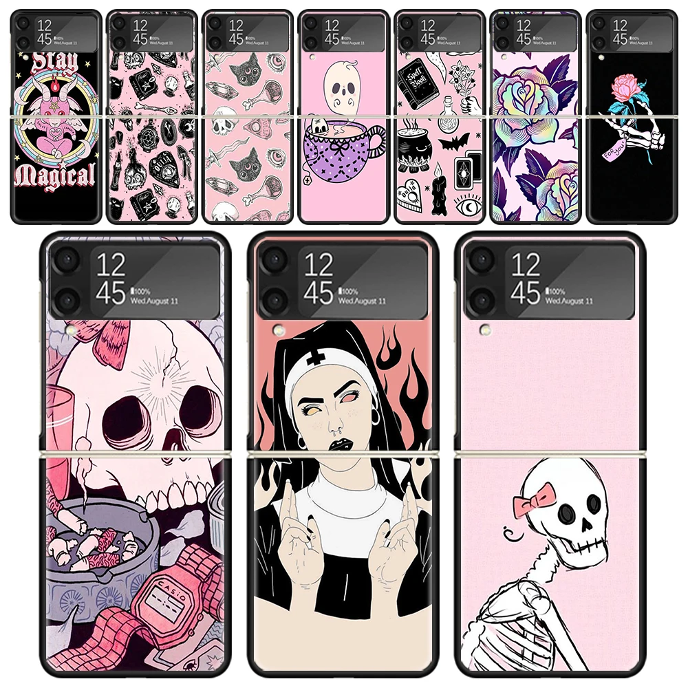 

Pink Cat Skull Sorceress Witch Shockproof Folding Mobile Hard Shell For Samsung Galaxy Z Flip 4 3 5G TPU Black Phone Case Flip4