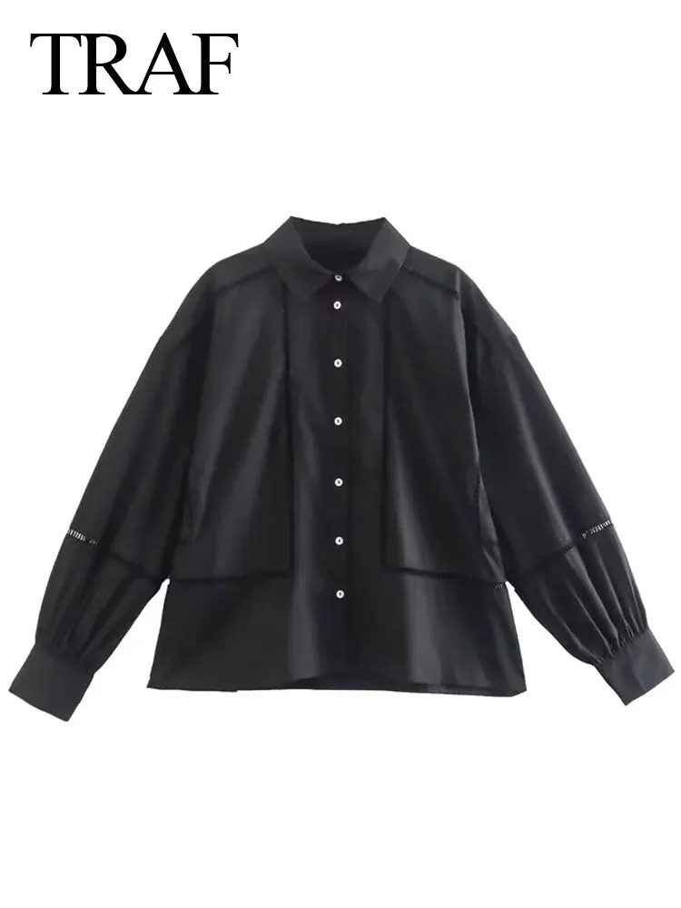 

Рубашка женская однотонная черная с отложным воротником и длинными рукавами