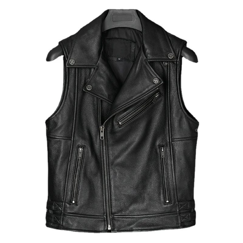 

Genuine Cowhide Leather Vest Men's Oblique New Zipper Motorcycle Biker Vests Stand Collar Sleeveless Jackets Waistcoat