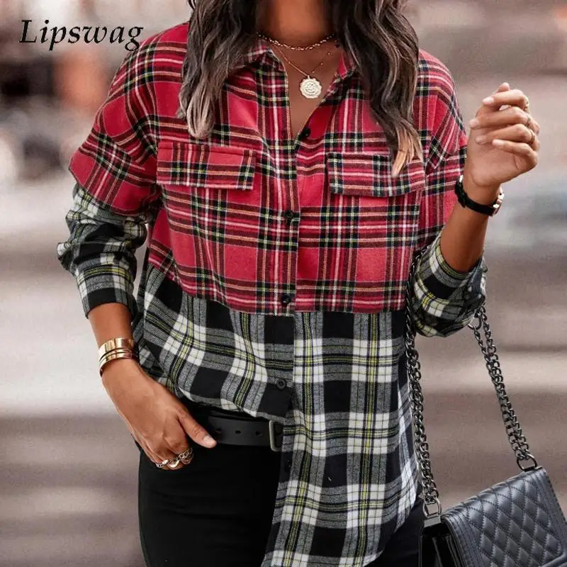 

2022 Autumn Fashion Plaid Print Blouse Shirts Women Casual Turn-down Collar Office Top Ladies Vintage Long Sleeve Button Blusa