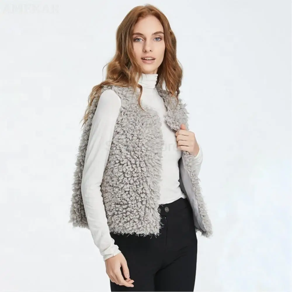 Women Real Fur Lined Shaggy Vest Pure Color Warmth Sleeveless Plus Size Coat Winter Leisure Zipper Real Fur Coats