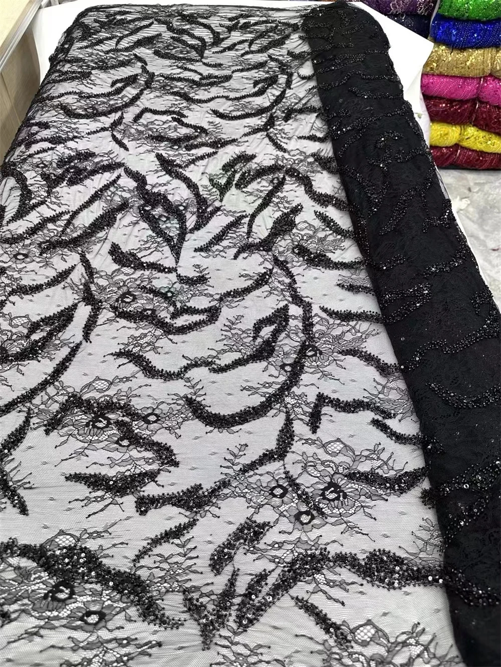 Черное Африканское кружево Шантильи с бусинами французская вышивка африканская