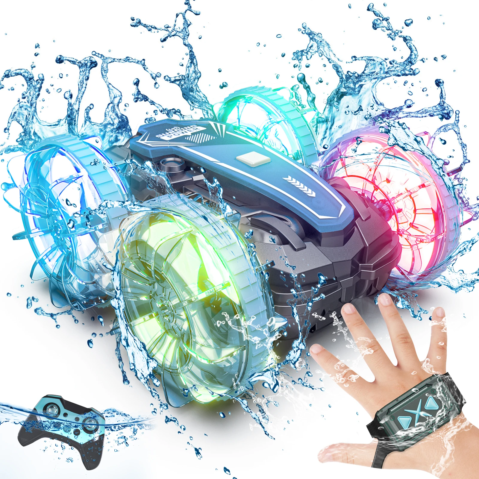 Sinovan Amphibious Remote Control Cars Boat, 4WD Gesture RC Car with LED Lights, Waterproof RC Stunt Car Pool Toys for Kids