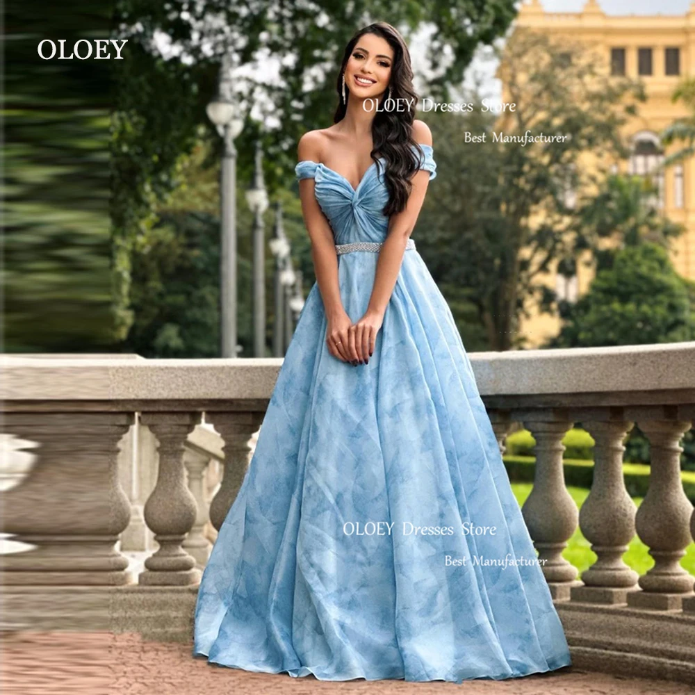 

OLOEY Elegant Princess Light Blue Silk Evening Dresses Off the Shoulder Floor Length Long Prom Dress Women Formal Party Dress