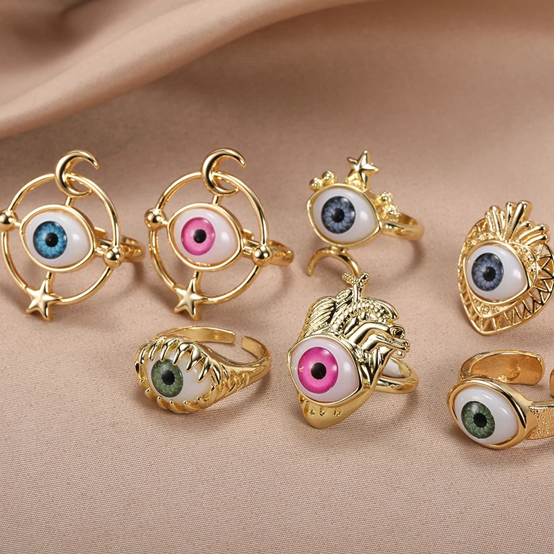 

Vintage Colorful Evil Eyes Love Heart Rings For Women Gold Color Turkish Star Moon Rings Finger cheap items new in Couple Gifts