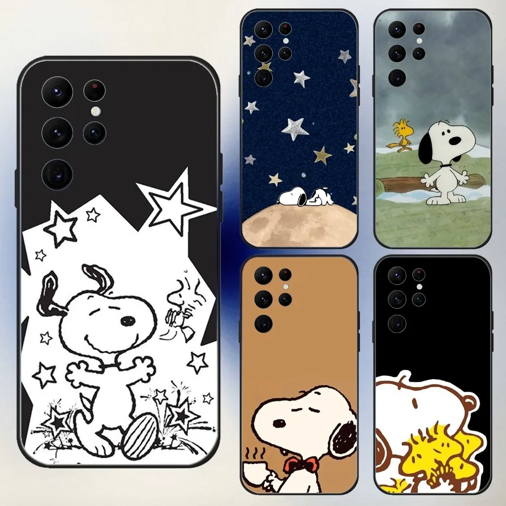 Чехол для телефона с рисунком собаки S-SnoopyS-S Samsung S24 23 22 30 21 10 9 Ultra Plus Lite FE 5G черный