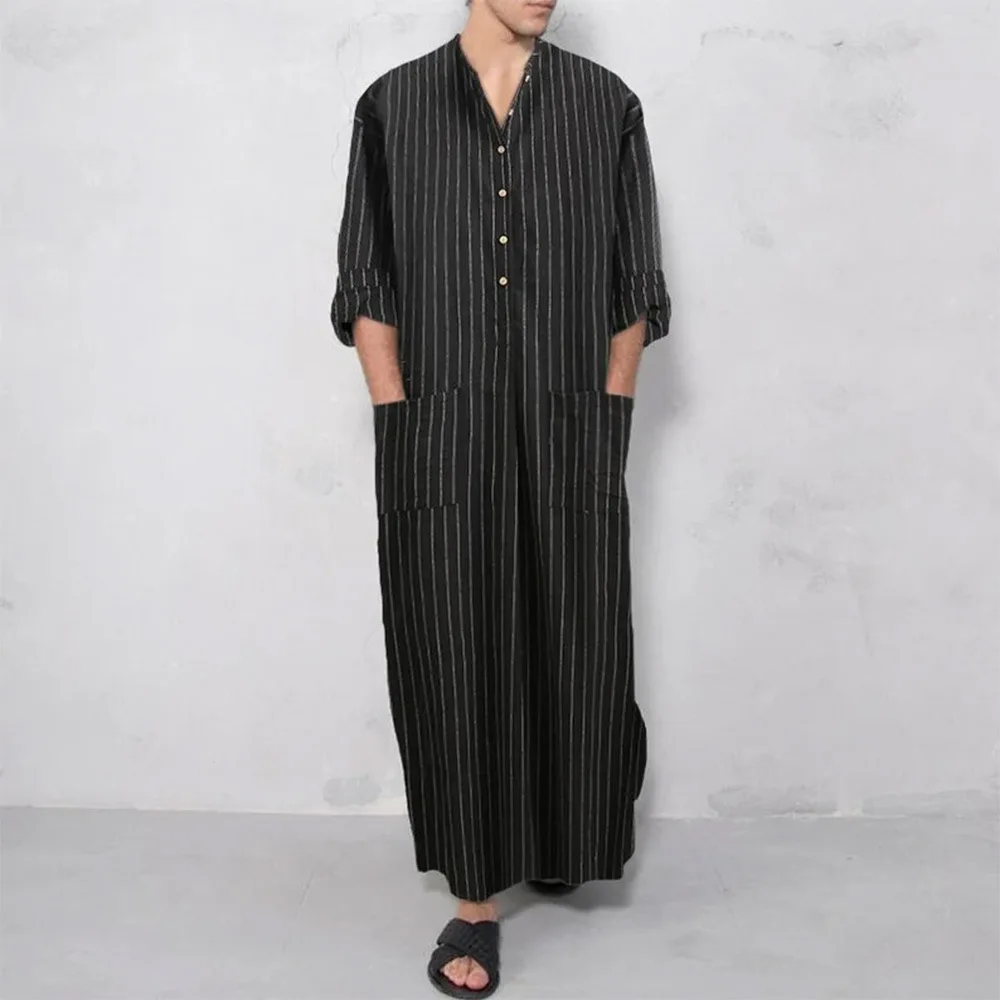 Islamic Middle East Arabic Stripes Casual Loose Muslim Robe for Men Abaya Turkish Clothes Men Clothing 2022 Fashion