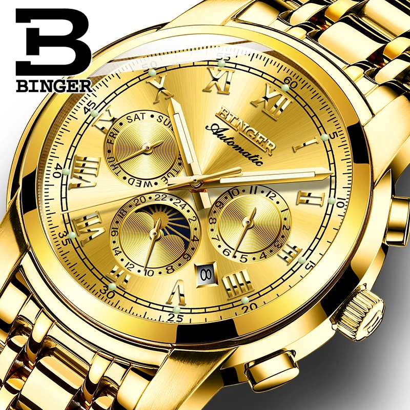 Switzerland BINGER Luxury Brand Automatic Mechanical Sapphire Men's Watches Waterproof Moon Phase Multi-function Clock B1178-7