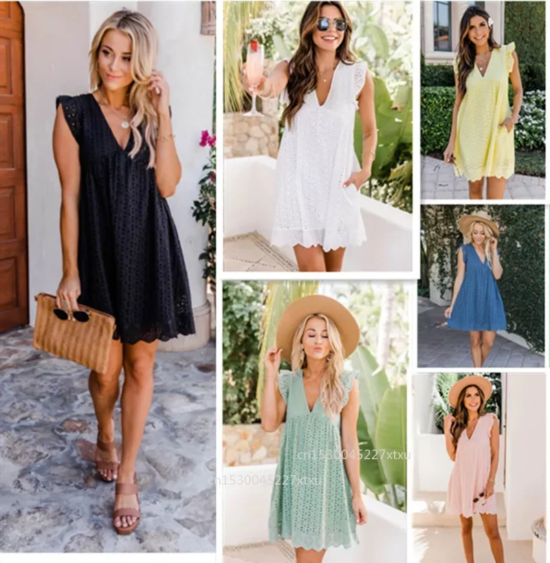 

Out Mini Sexy V Neck Lace Short Ruffle Sleeve A Line Sundress Casual Loose Summer Beach Dress with Pocket and Shorts