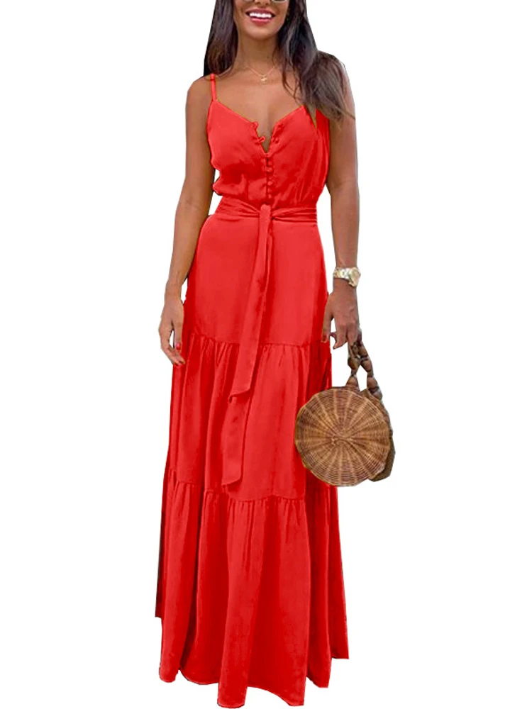 

Elegant Sling Long Dress Women Sexy VNeck A-Line Dress Summer White Sleeveless Beach Dress Fashion Casual High Waist Party Dress