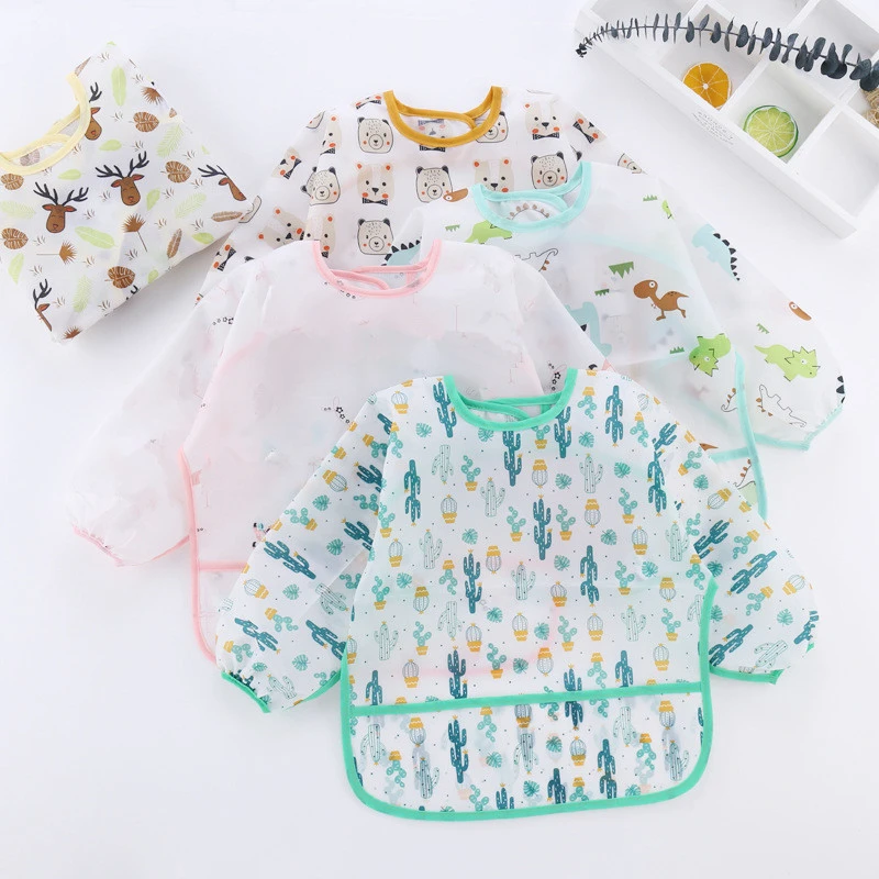 

Baby Infant Children Boys Self Feeding Eating Drawing Long Sleeve Apron Cartoon Print Waterproof Bandana Bibs with Pocket Stuff