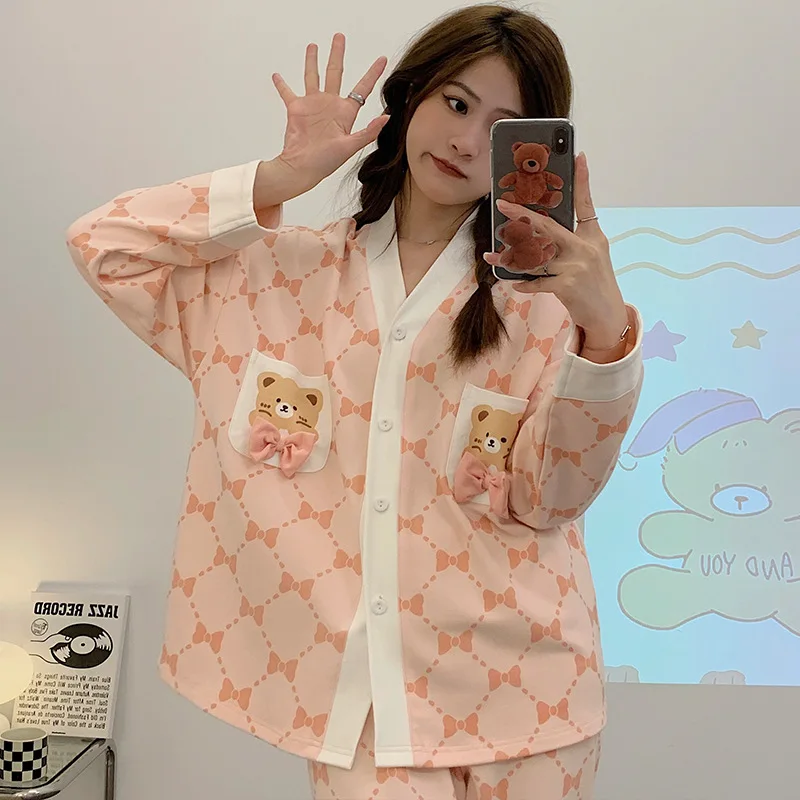 Yasuk Autuum Winer Fashion Women's Casual Plaid Pocket Sleepwear Homewear Cute Lovely Pajamas With Pants Soft Elastic Waist Bear