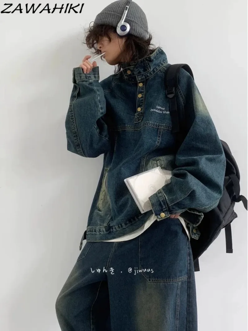 

Осенняя японская винтажная уличная одежда с ложным воротником, однотонные состаренные женские куртки, Свободные повседневные Модные шикарные топы с надписью