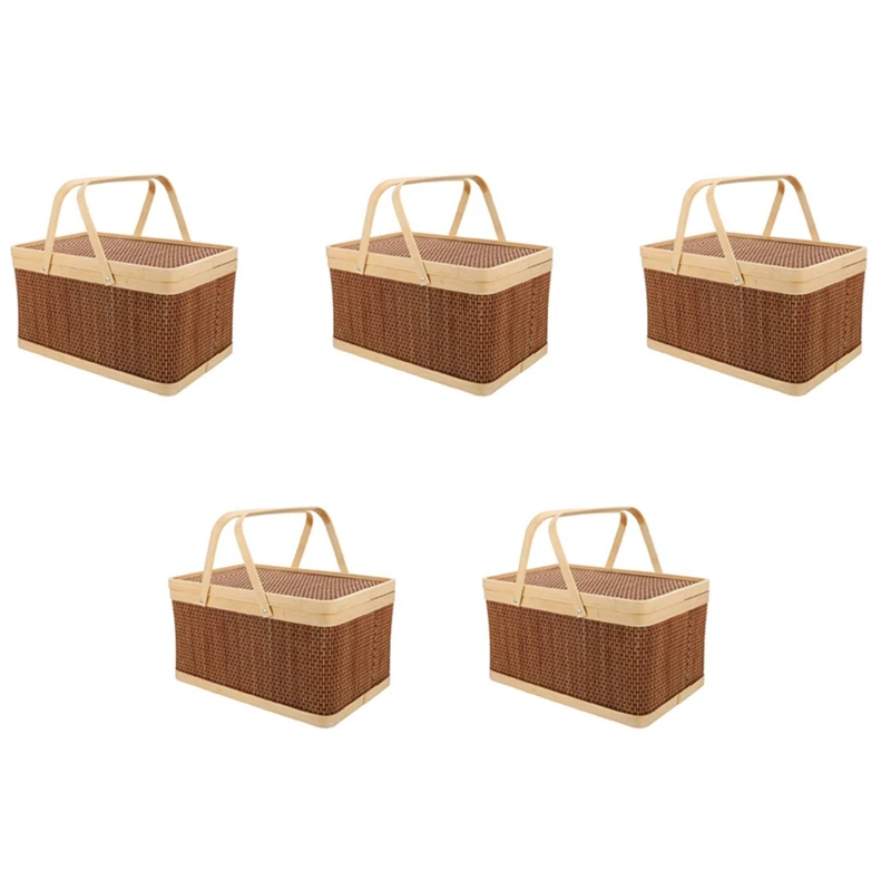 

5X Bamboo Portable Storage Basket Picnic Basket Snack Fruit Basket Home Kitchen Storage Basket Bedroom Desk Basket