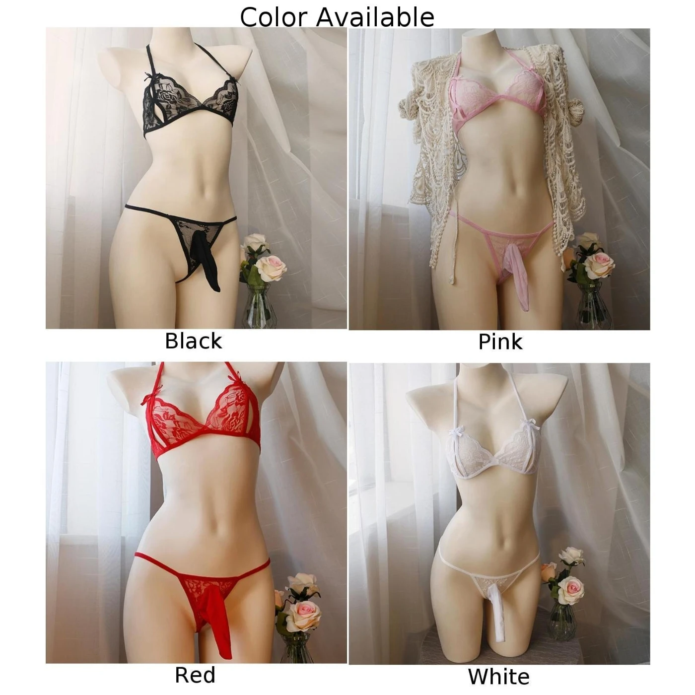 Sissy Underwear Mens Lingerie Set Bow Lace Bra Top G-String Pouch Briefs Gays Thongs And G String Bikini JJ Penis Sheath | Тематическая