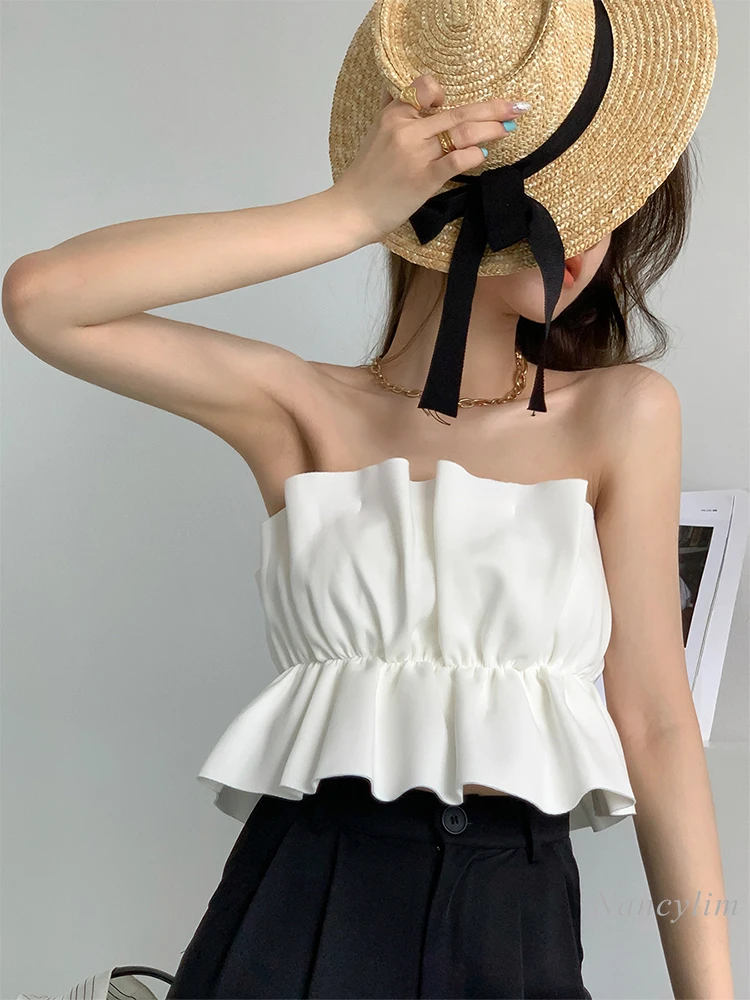 

White Off-Shoulder Clothes for Women Summer Pleated Tank 2022 Short Chic Flower-Shaped Chest-Wrapped Crop Top Zipper Behind