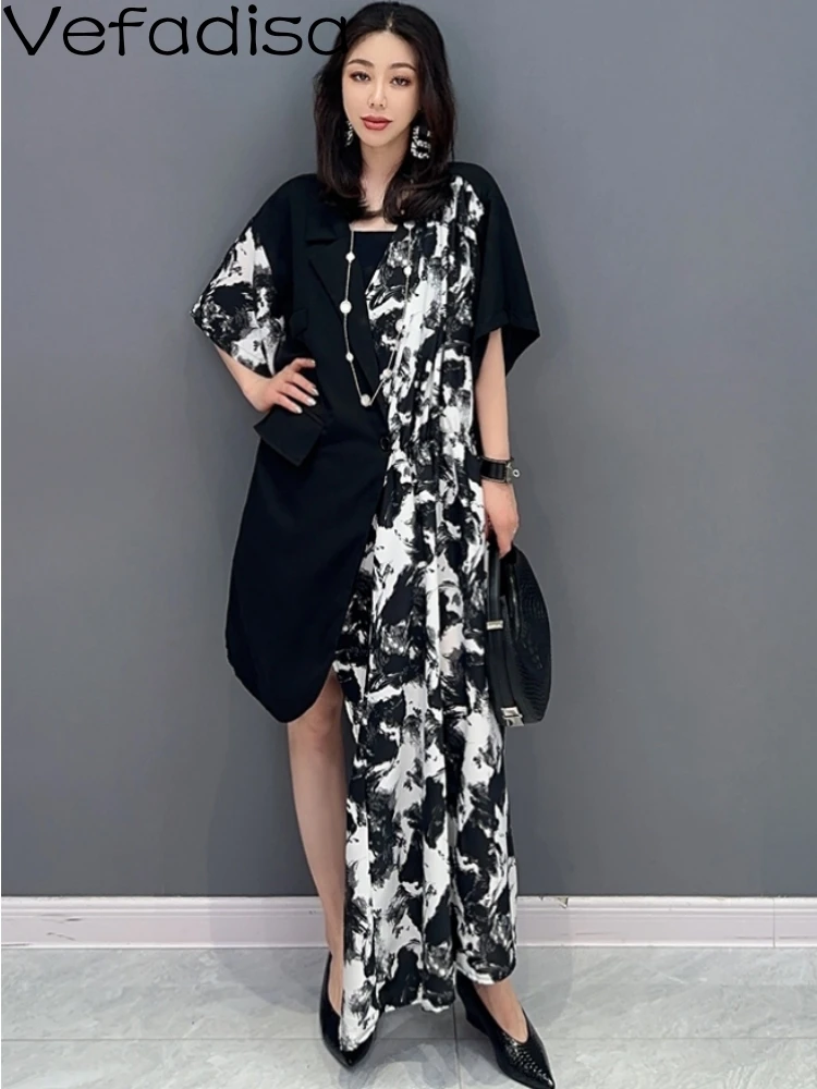 

Vefadisa 2023 Summer New Women Asymmetric Dress Fashion Black Suit Collar Spliced Personalized Irregular Trendy Girl Dress ZY854