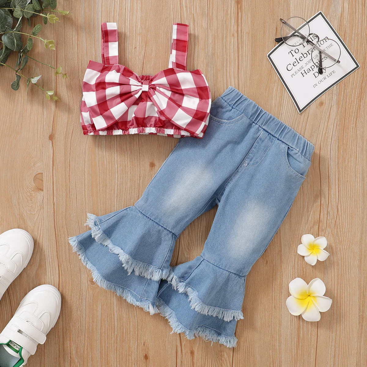 

Summer Fashion Girl Baby Sleeveless Vest Bow Tank Top + Denim Flared Pants Set