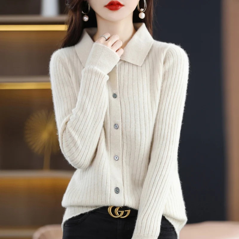 

Осенне-зимний новый однотонный шерстяной кардиган с воротником-поло женская модная свободная и тонкая вязаная куртка с длинными рукавами Топ