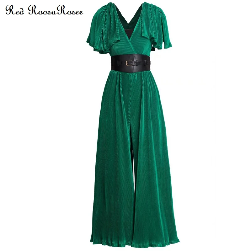 

Женский комбинезон с широкими штанинами, длинный комбинезон красного цвета с V-образным вырезом и рукавом-бабочкой и поясом, лето 2022