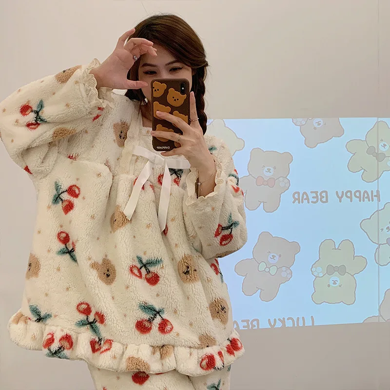 Yasuk Autumn Winter Fashion Women's Casual Lovely Print Cherry Bear Lace Warm Soft Sleepwear Pajamas With Pants Flannel Pullover