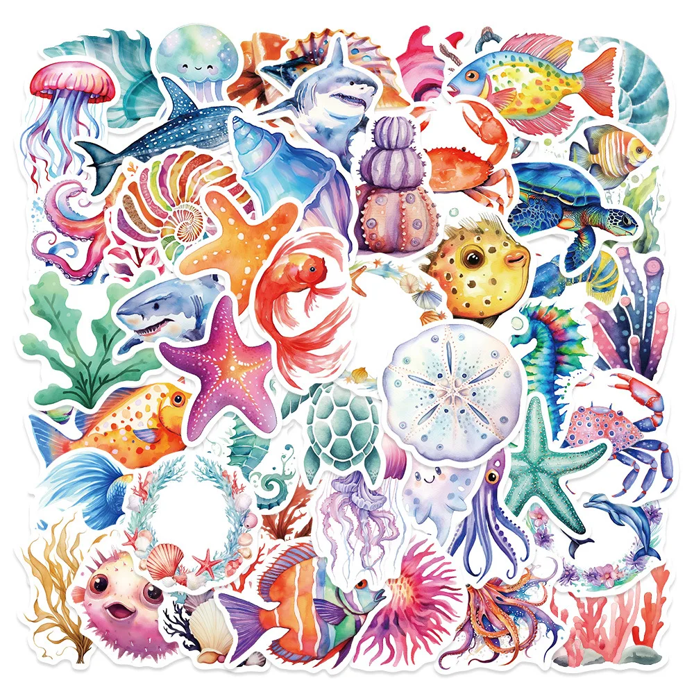 

10/30/50PCS Watercolor Marine Life Sticker Pack Skateboard Decoration DIY Mobile Phone Computer Bag PVC Graffiti Decal Wholesale