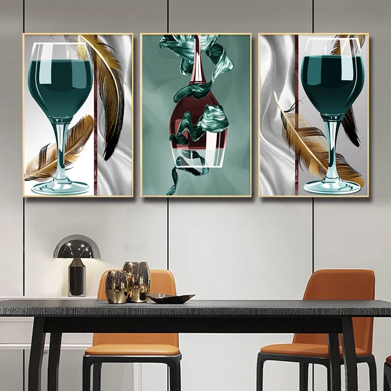 

68x101cm Wine Glass With Feather Canvas Print Paintings Nordic Abstract Dining Room Kitchen Decor Poster Modern Wall Art Picture