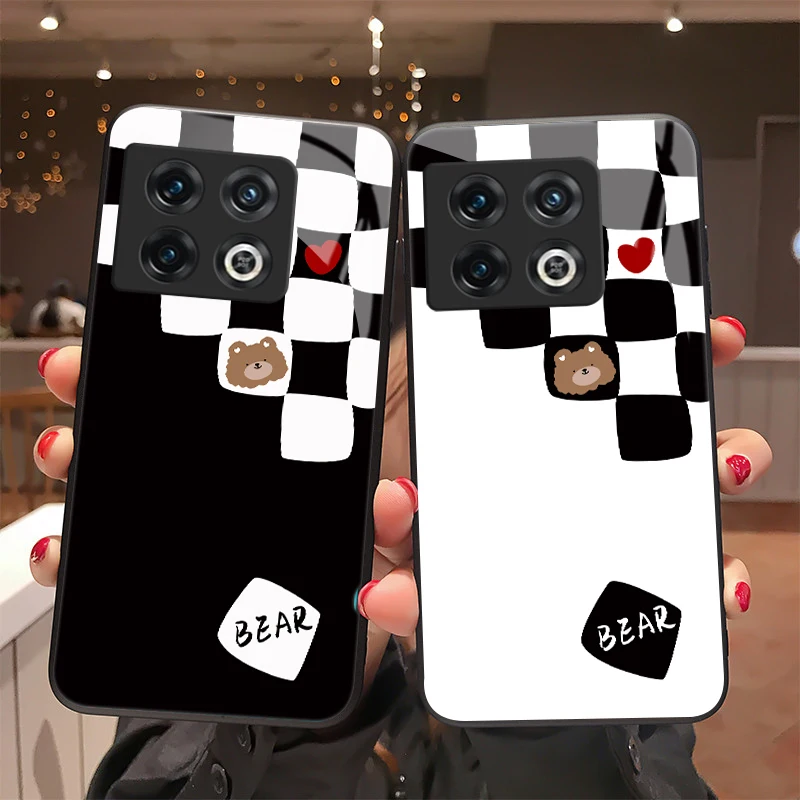 

INS Lattice Love Heart Bear Tempered Glass Case for Oneplus 9 Pro Cover for One Plus 10 8 7 7T Pro 8T 9R 9RT 5G 6T Couple Shell