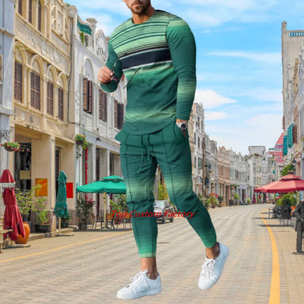 Spring And Summer Tracksuit Men's Long Sleeve T-Shirt 2 Piece Set 3D Black Pattern Street  Pant Set Oversized Jogging Suit