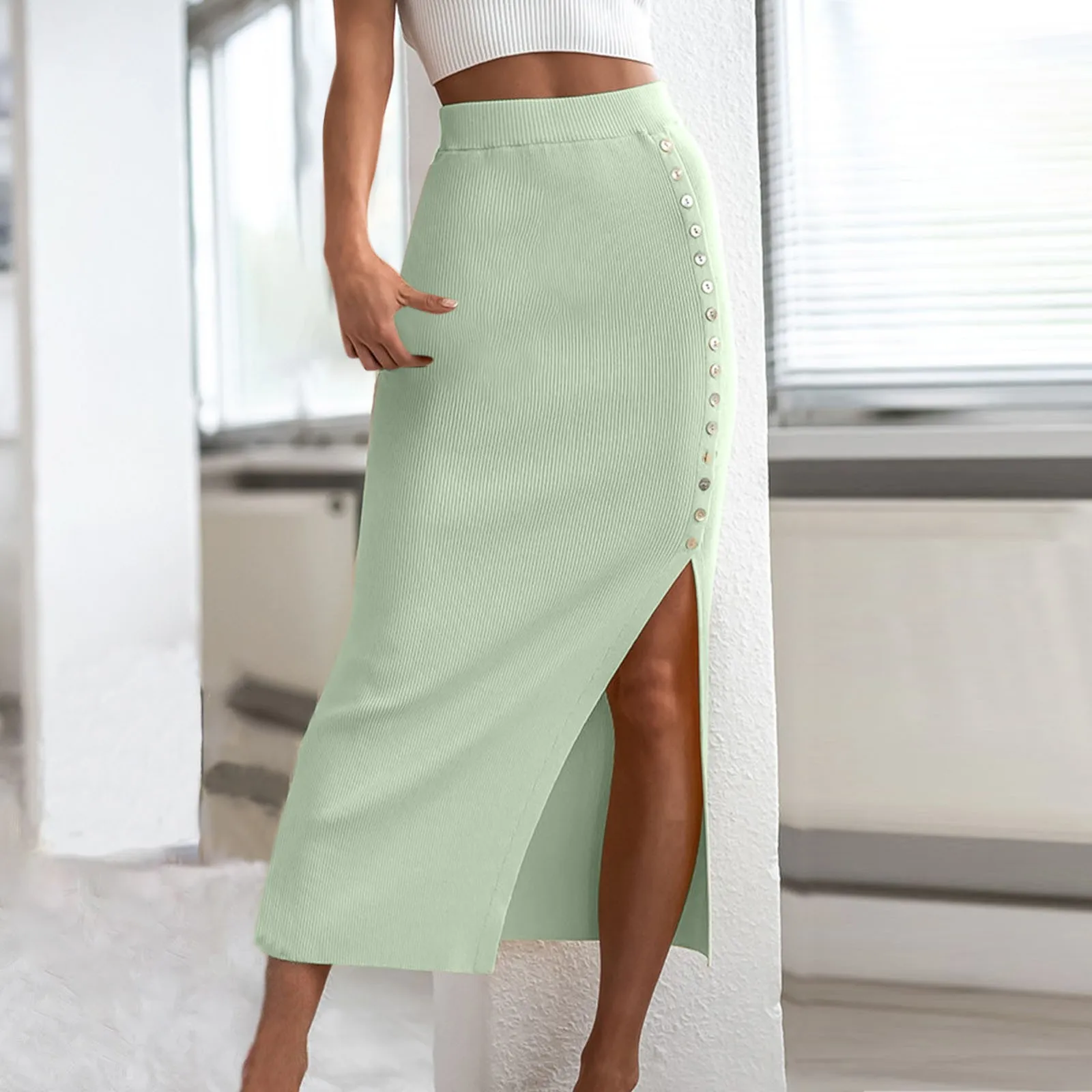 

2023 Summer New Women's Pit Strip Rib Elegant Slit Button Skirt Office Lady Solid Color Long Skirts Юбка Лёгкая Skirt Femme