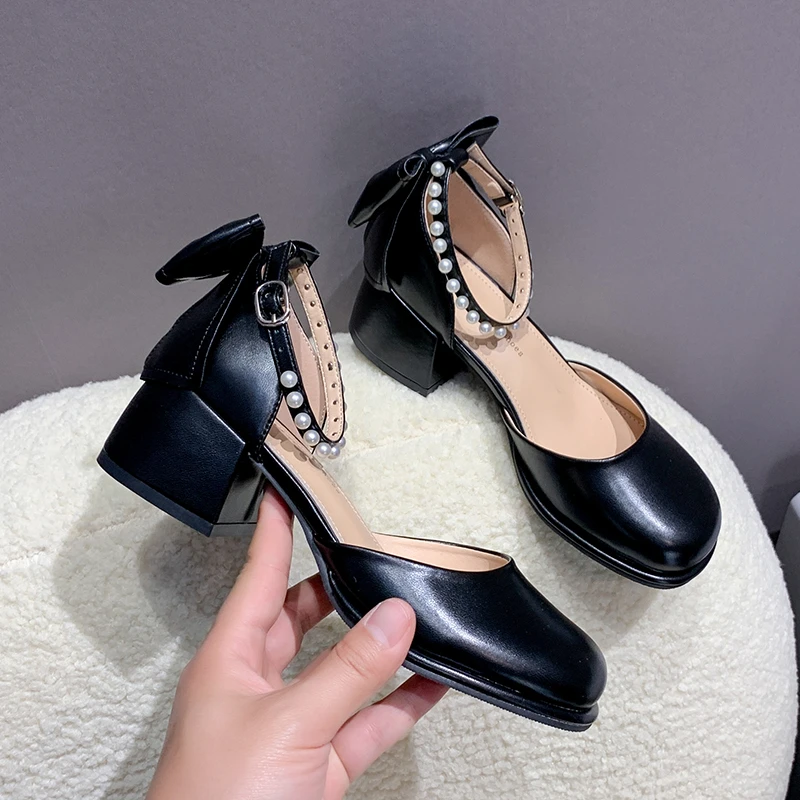 

Women Sandals 2022 Summer Shoes Woman Pumps High Heels Pearls Ankle Strap Mary Janes Shoes Square Heeled Dress Tenis Masculino