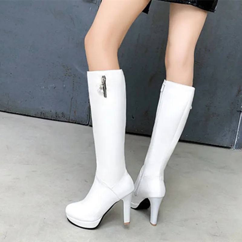 

Cresfimix/женские модные классические белые кожаные сапоги до середины икры на высоком каблуке с боковой молнией; Сезон осень-зима; Вечерние сапоги черного цвета; A669