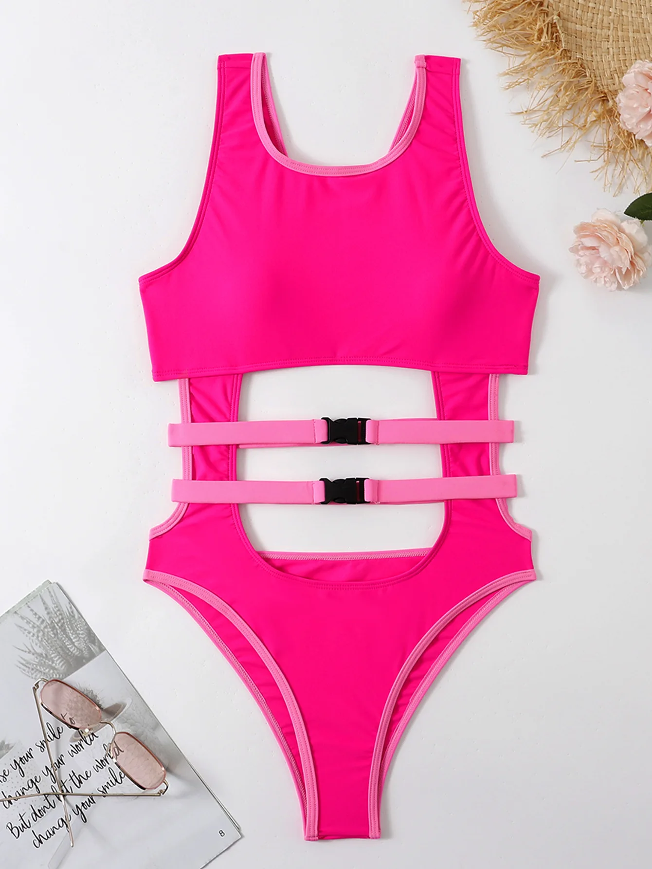 

Solid Color Bodysuit 2023 Women One-Piece Bikini Sexy Hollow Out Bandage Double Buckle Backless Bathing Suit Beachwear MJLZ3093