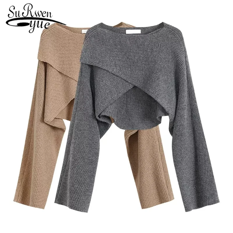 

short sweater long sleeve women's design sense niche 2022 new cross irregular sweater grey solid color high waist top 22933