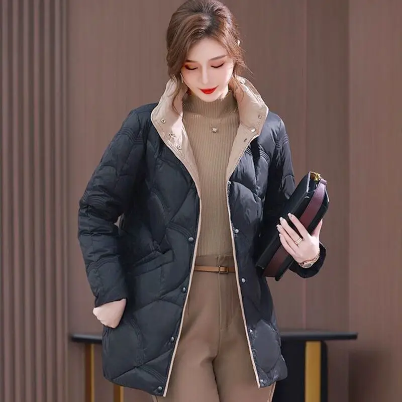 New Winter Women White Duck Down Coat Female Stand Collar Mid-Long Coat Casual Lady Outwear Down Pockets Buttons Ladies M12