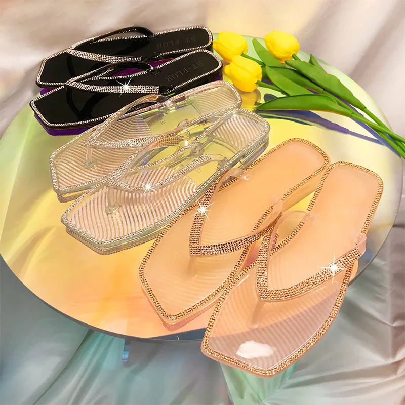

2021 Summer New Style European And American Color Diamond Square Head Flat Crystal Jelly Flip-flops Female Outer Wear Slippers