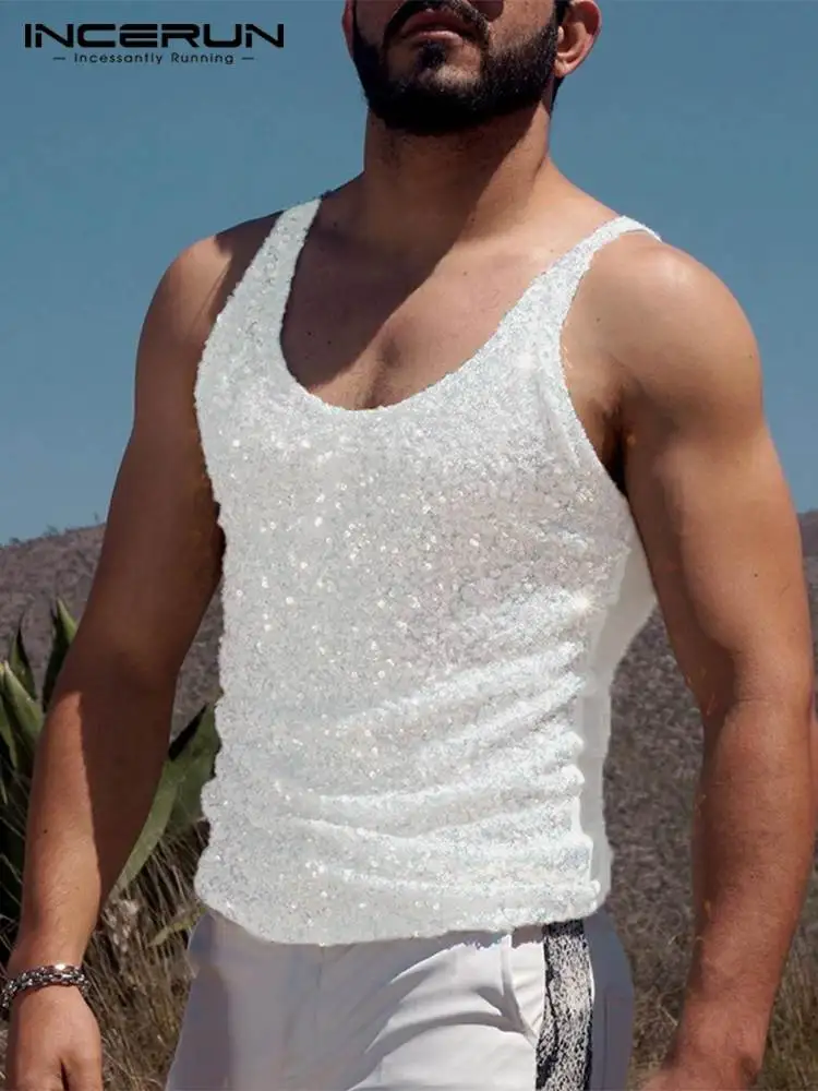 

Sexy Leisure New Men Back Sequin Stitching Mesh Waistcoat Stylish Male Hot Sale Loose Comfortbale Vests S-5XL INCERUN Tops 2022