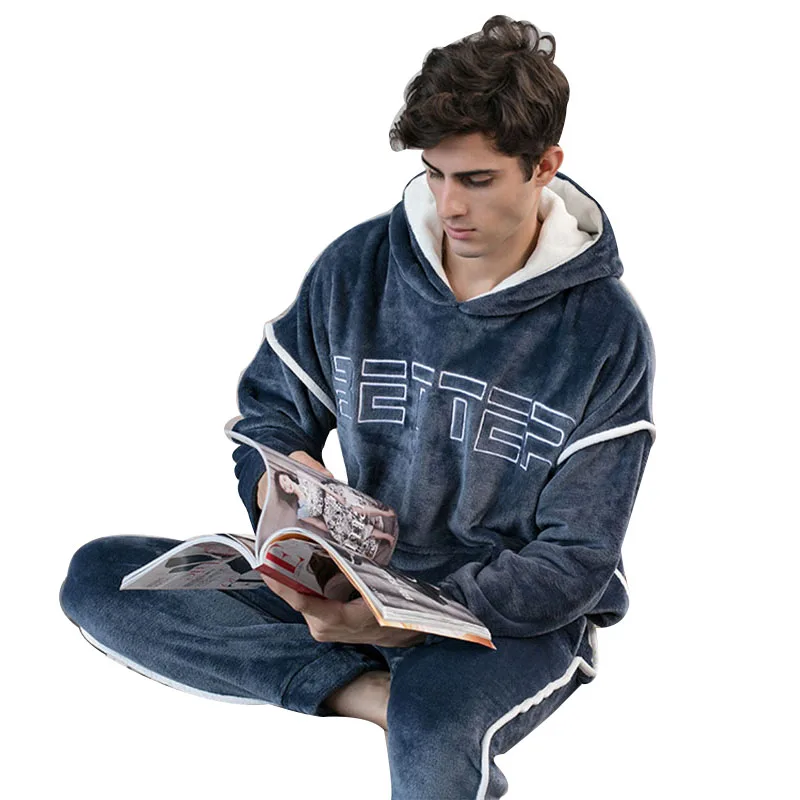 2021 New Hooded Flannel Men's Pajama Pants 2 Pieces/Set Winter Thick Warm Sleepwear For Couples Casual Loose Home Costumes Set