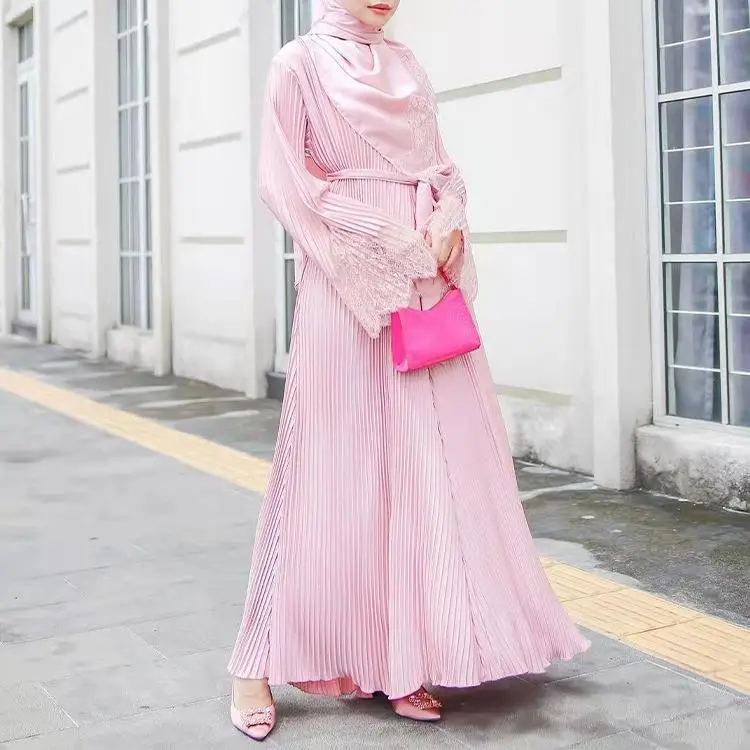 

Muslim Fashion Folds Long Dresses Women With Sashes Solid Color Islam Clothing Abaya African Dresses For Women four seasons
