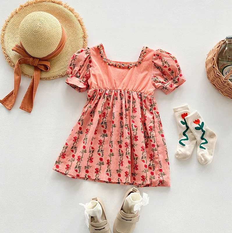 

French Style Kids Baby Girl Clothes 2023 Summer New Bubble Sleeve Girls Dress Children Short-sleeved Floral Princess Dresses