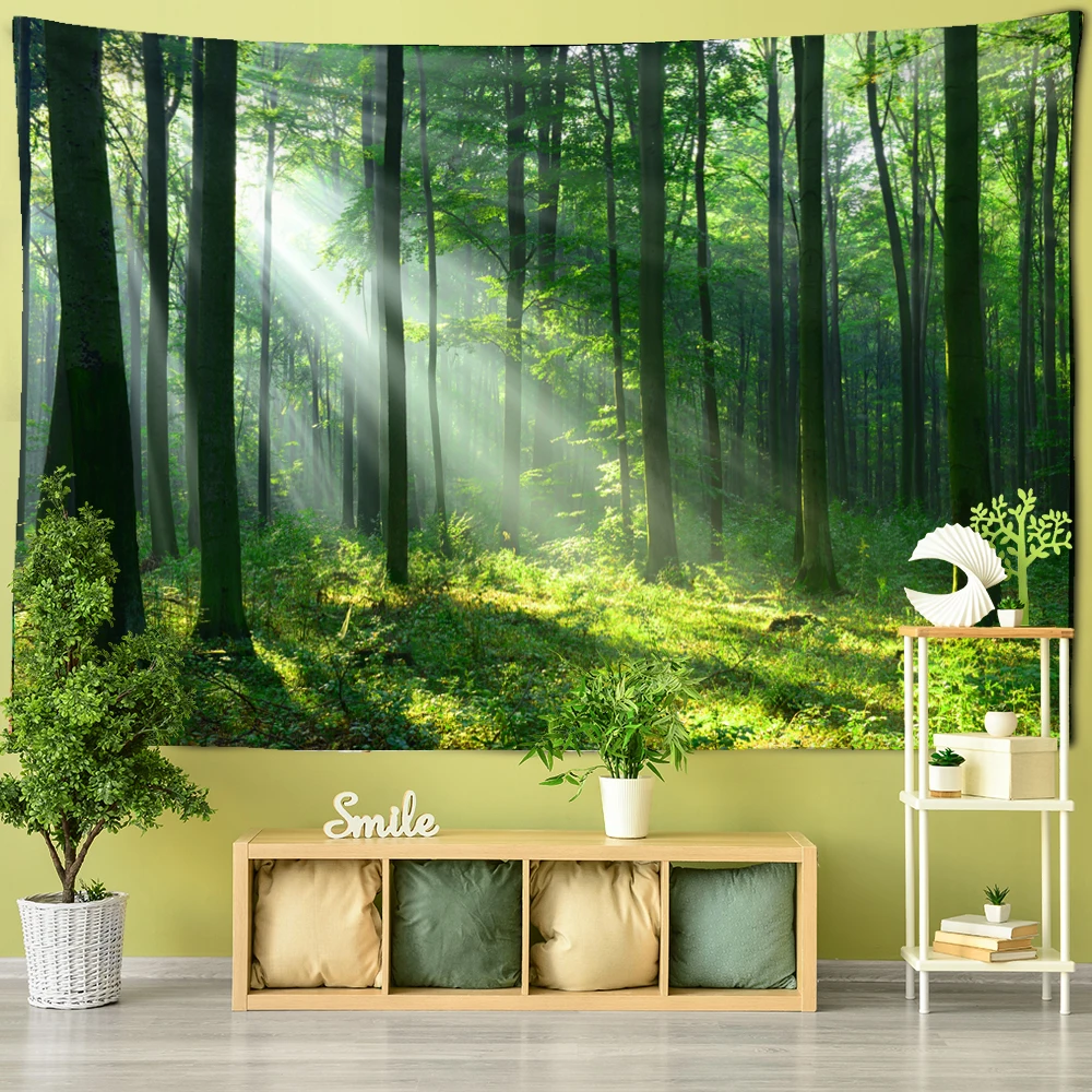 

Green Bamboo Forest Nature Tapestry Design Wood Grain Wall Hanging Living Room Landscape Tree Home Decoration Background Cloth