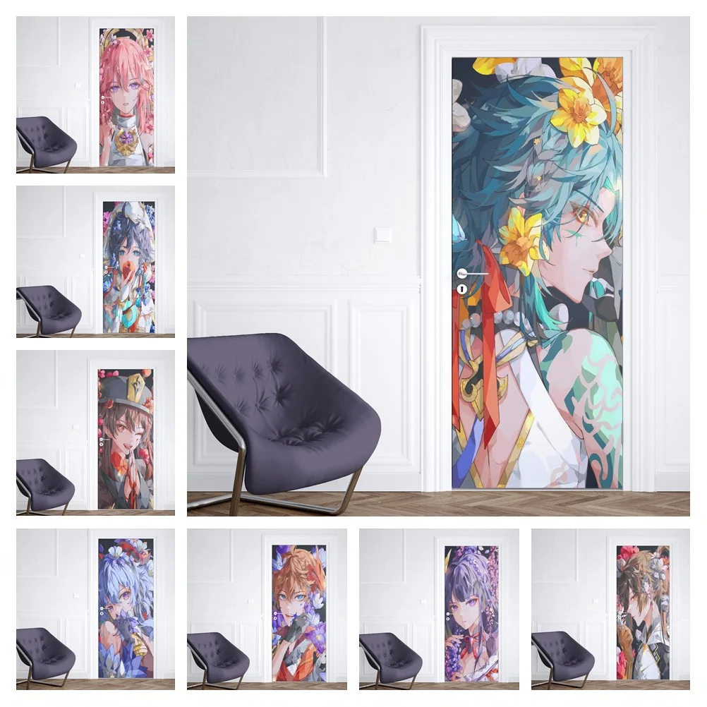 

Door Sticker Porte Genshin Impact Game Decoration Door wallpaper Wall Decals PVC Anime Figure Poster Art Gift Hutao Xiao ZhongLi